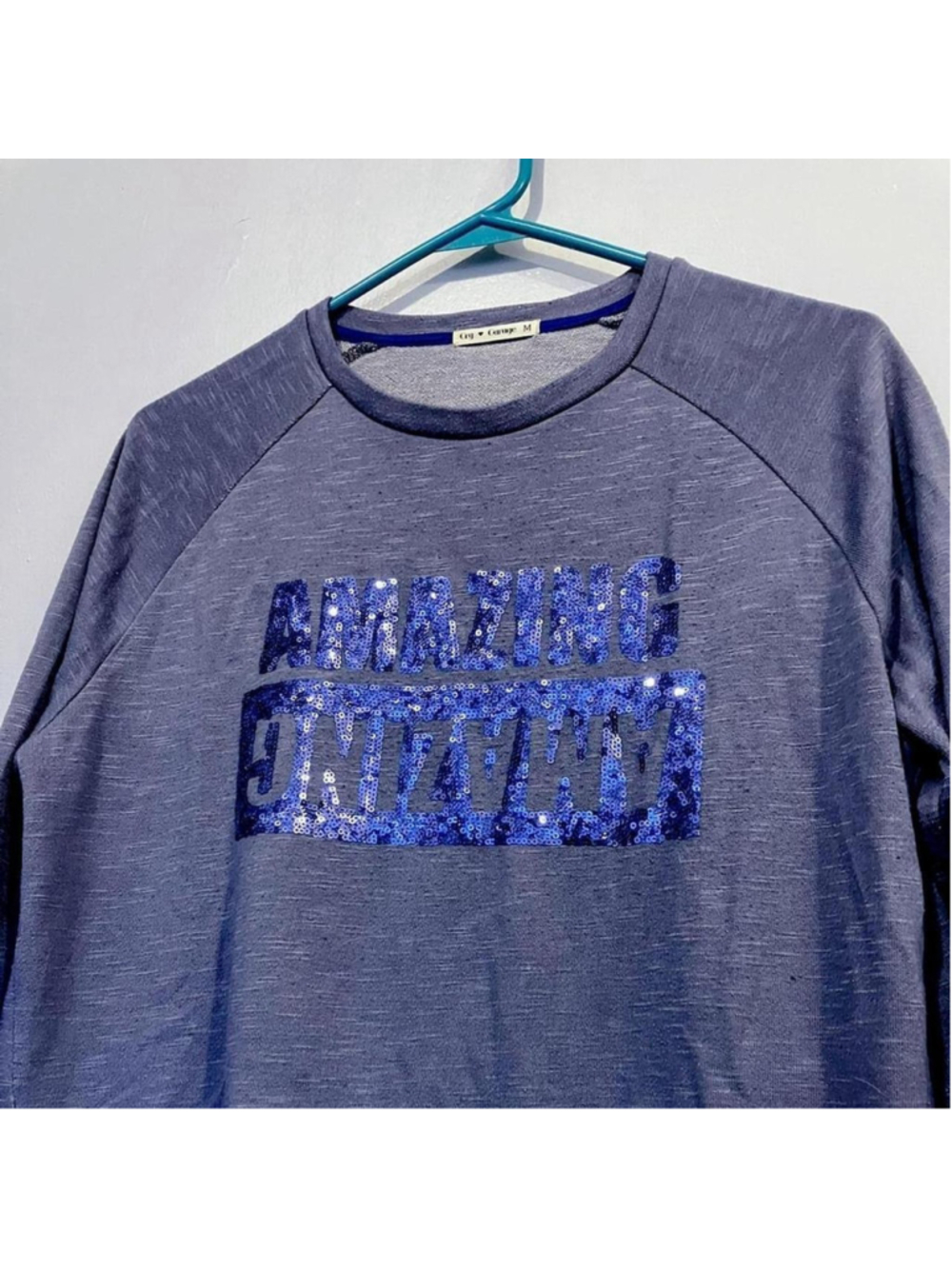 "AMAZING" Sequin Embellished Purple Grey Sweatshirt (Medium) - Picture 3 of 3